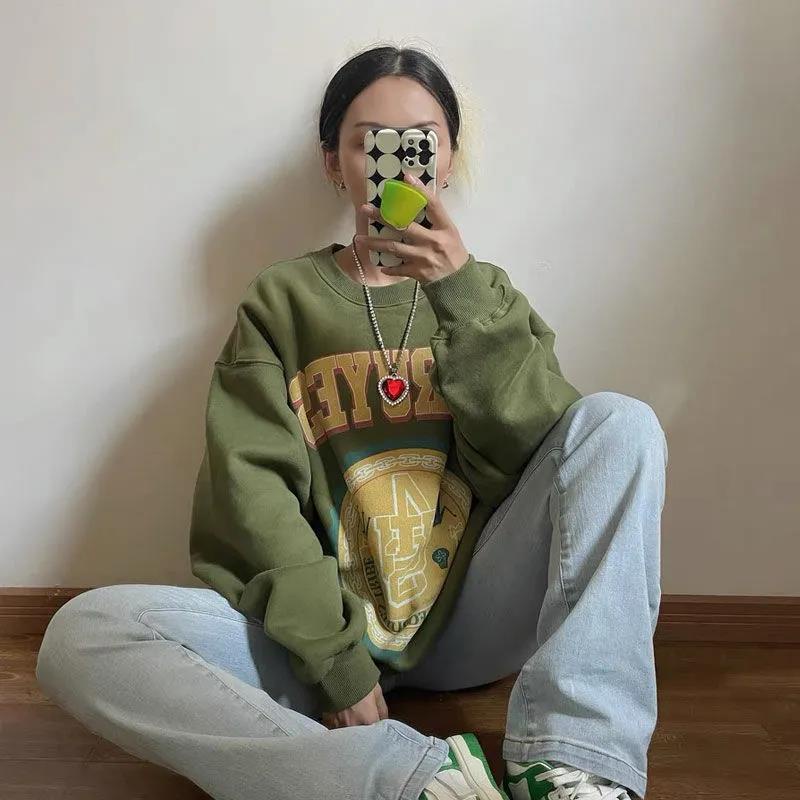 Áo hoodie mỏng dáng rộng phong cách vintage cá tính cho nữ