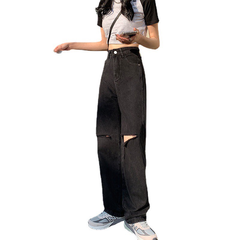 [SIÊU DÀI - SIÊU CHẤT] Quần Jean Nữ Ống Suông Rách Gối Màu Đen Chất Bò Dày Dặn Cao Cấp OHS3912