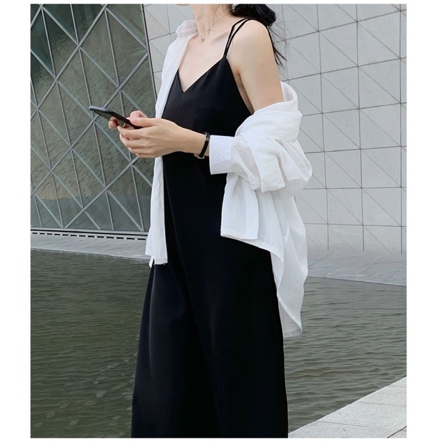 Đầm suông maxi ulzzang tơ lụa thiết kế retro hiện đại _ Váy 2 dây suông màu đen tơ lụa dáng dài  LIOLA có Bigsize