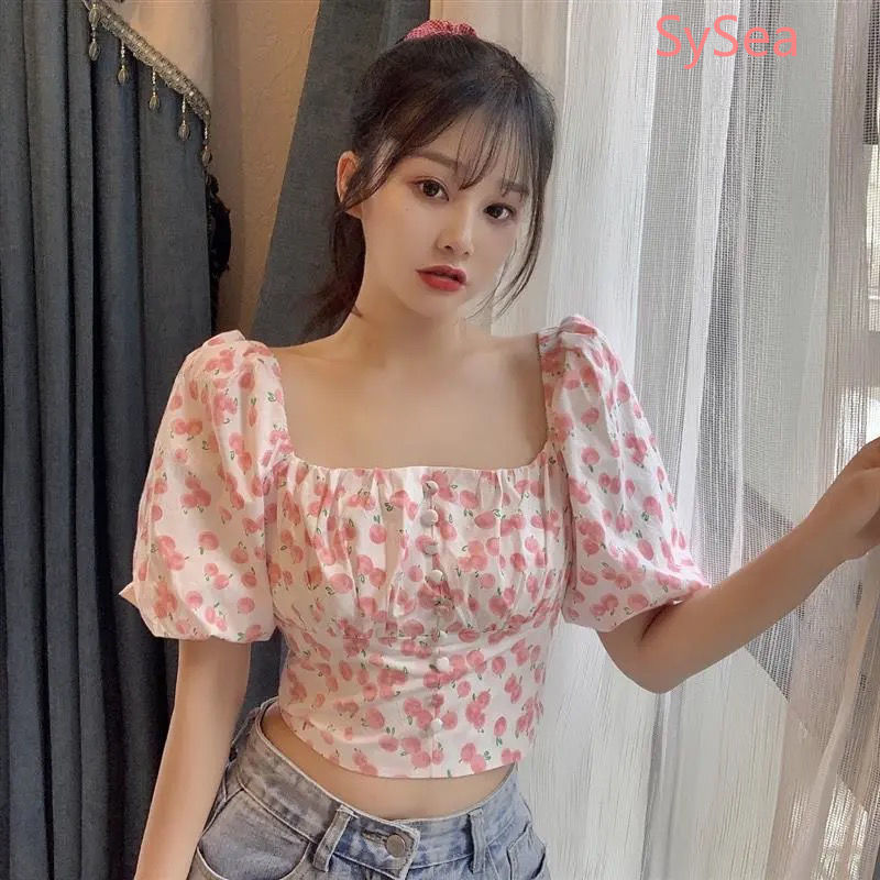 Áo kiểu croptop tay ngắn thắt nơ phía sau họa tiết hoa xinh xắn dành cho nữ