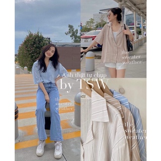 Áo sơ mi cổ pijama tay lỡ kẻ sọc 3 màu
