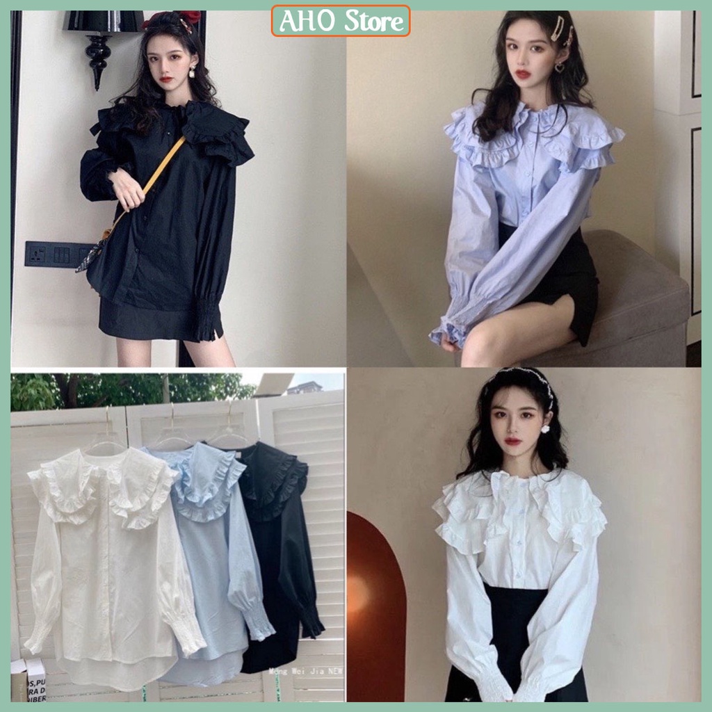 Áo Sơ Mi Nữ Cổ Bèo Tiểu Thư Dài Tay Sơ Mi Nữ Cổ Tầng Tay Bồng Bo Tay Áo Freesize