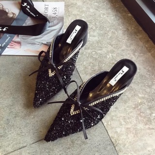 Giày mules đính đá mũi nhọn gót 4cm