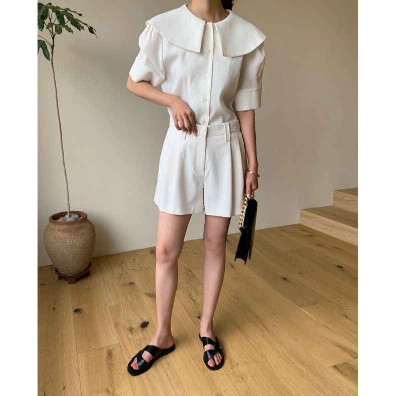 French niche big lapel single-breasted short-sleeved white shirt female summer Korean fan simple style loose temperament top