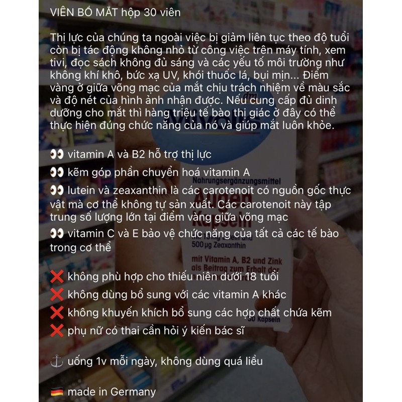 VIÊN UỐNG BỔ MẮT (chính hãng Đức) 30viên | Thế Giới Skin Care