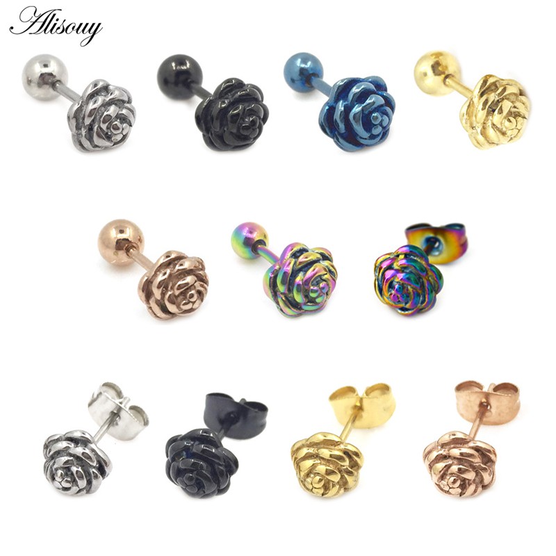 Alisouy 2 Bông Tai Thép Titan Hình Hoa Hồng Đen / Vàng / Bạc Cho Nam Và Nữ