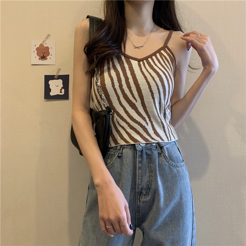 Áo Hai Dây Dệt Kim Họa Tiết Ngựa Vằn / Ngựa Vằn Cá Tính Thời Trang