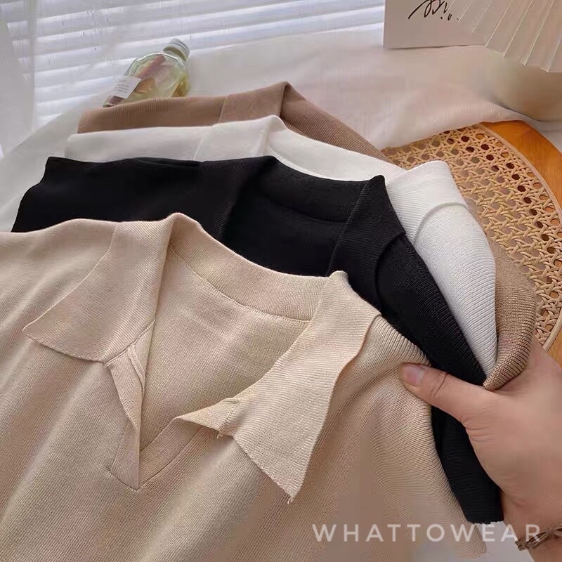 Áo croptop len mỏng cổ polo tay dơi