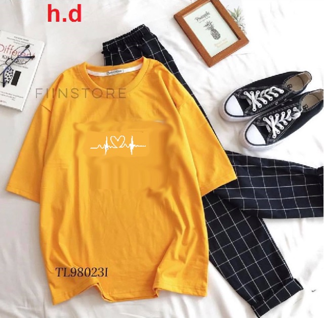 Sét áo nhịp tim + quần kẻ đen nhỏ HĐ12 , Áo thun nam nữ, quần kaki, quần nữ, sét bộ mặc ở nhà MODY