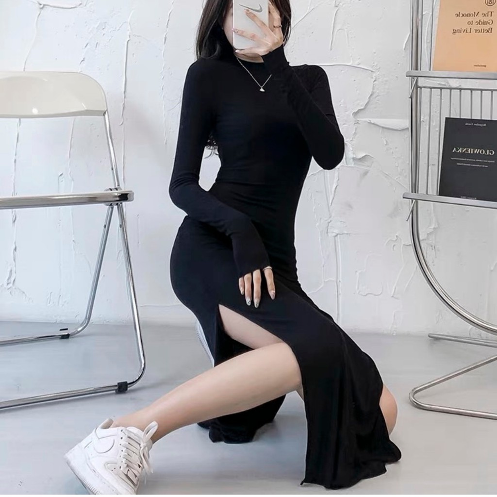 Đầm Body Thun Tay Dài Xẻ Tà Năng Động Màu Đen (ảnh thật trải sàn) | BigBuy360 - bigbuy360.vn