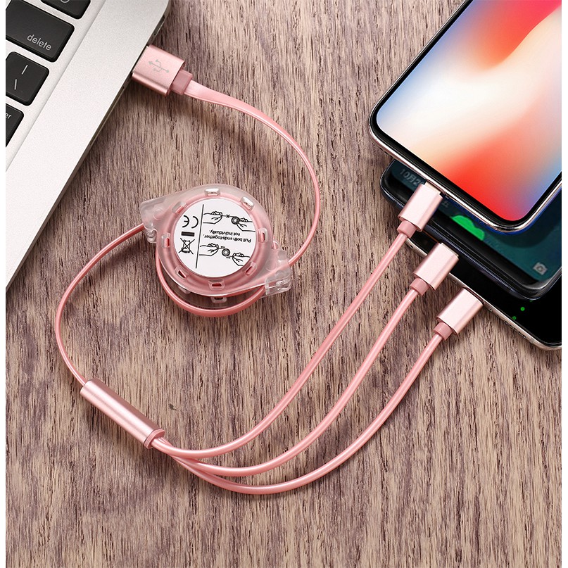 Cáp Đa Năng 3 Đầu Sạc Dây Rút YT 3 In 1 Y43 Sạc Nhanh 3A Micro USB, Type-C và lightning Siêu Bền Gọn Nhẹ Tiện Lợi