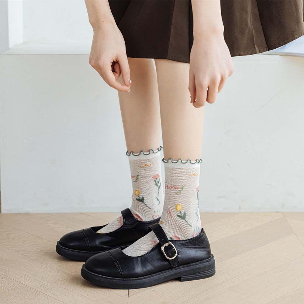 Vớ Lụa Thủy Tinh Trong Suốt Phối Ren Hoa Siêu Mỏng Thoáng Khí Phong Cách Harajuku