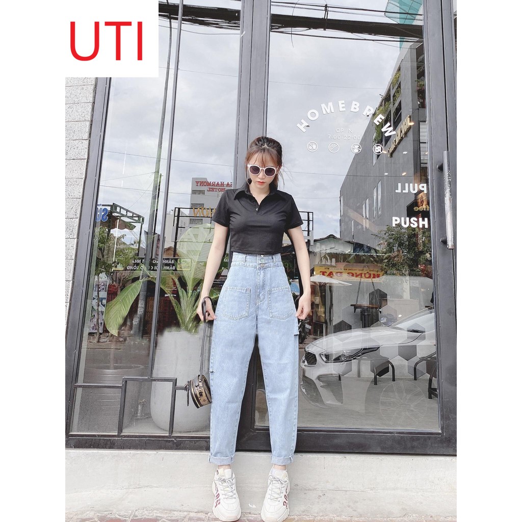 QUẦN BAGGY JEAN NỮ LƯNG CAO 3 NÚT, 2 TÚI MÀU XANH NHẠT SIÊU CAO CẤP UTI