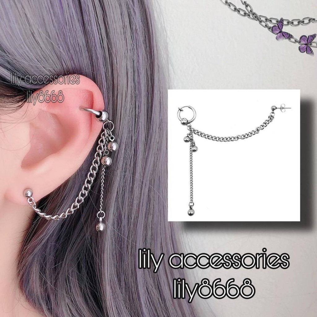 khuyên tai và kẹp vành tai titan dây xích bi tròn không gỉ không đen không dị ứng nam nữ unisex