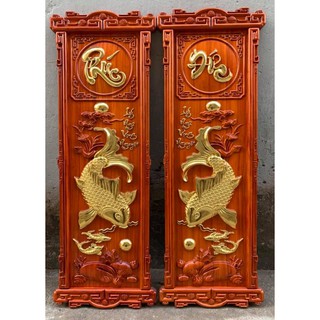 Tranh Cá Chép Lý Ngư Vọng Nguyệt Gỗ Hương 107x37Cm