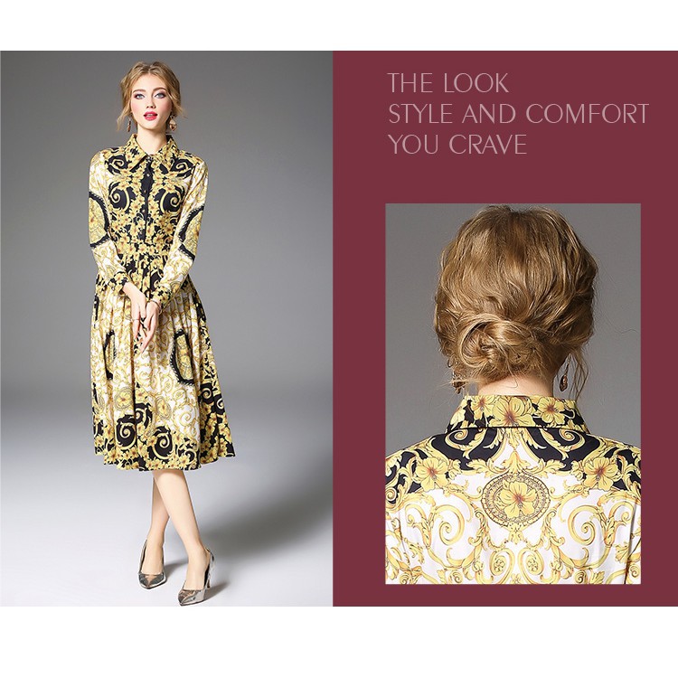 Women's Fashion High Quality Printed Long Baroque Floral Pleats Midi Party Dress | BigBuy360 - bigbuy360.vn