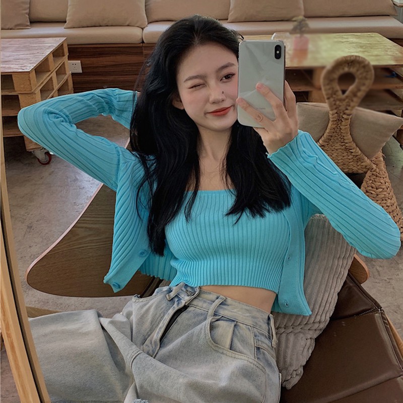 [Baywellfashion]Bộ áo hai dây + áo khoác cardigan màu trơn phối sọc gân phong cách quyến rũ cho phái nữ | BigBuy360 - bigbuy360.vn