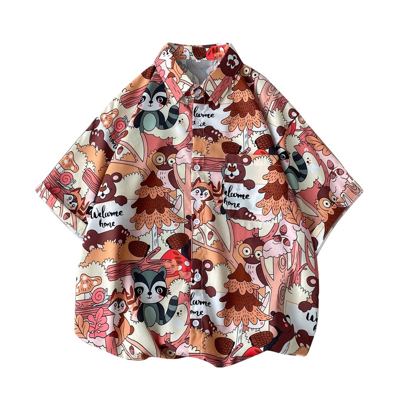 Men's Classic Slim Shirt For Summer 2021. Short Sleeve Cartoon Korean Style Couple Shirt Size M-3XL