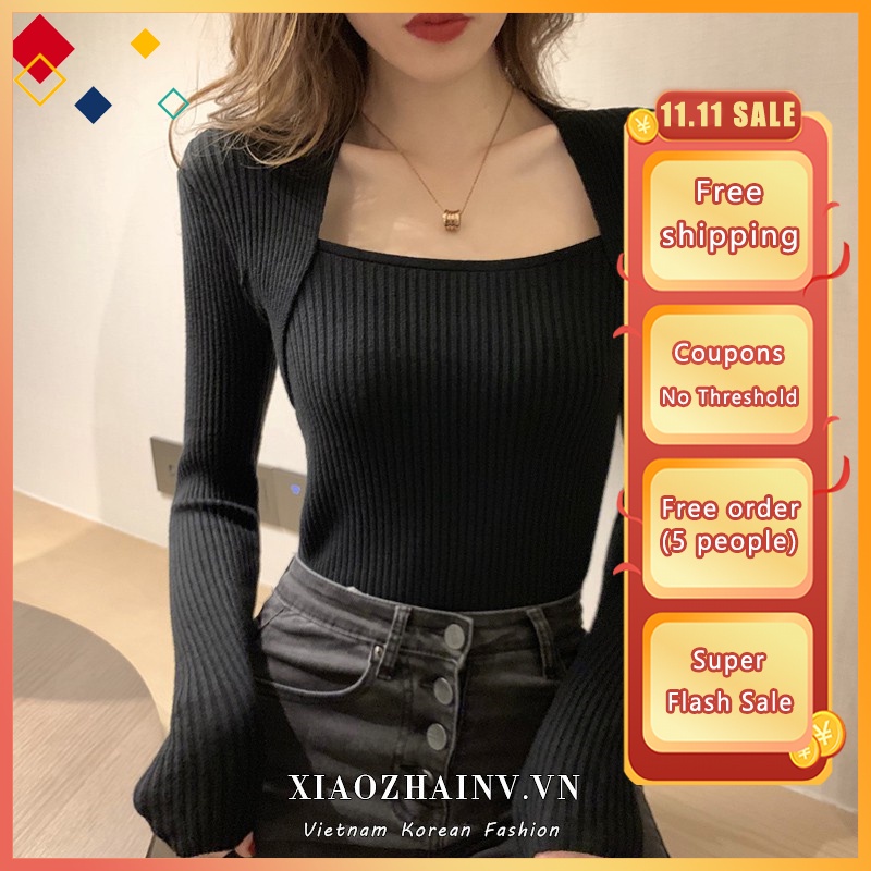[ Mã 11FASHIONSALE1 giảm 10K đơn 50K ] Xiaozhainv Áo Thun Dệt Kim Tay Dài Dáng Ôm Kiểu Hàn Quốc Xinh Xắn Cho Nữ