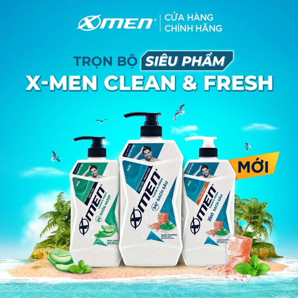 Tắm Gội X-Men Clean &amp; Fresh 2in1 Sạch Sâu 630g tắm gội trong 1 bước với muối khoáng HIMALAYA và bạc hà mát lạnh