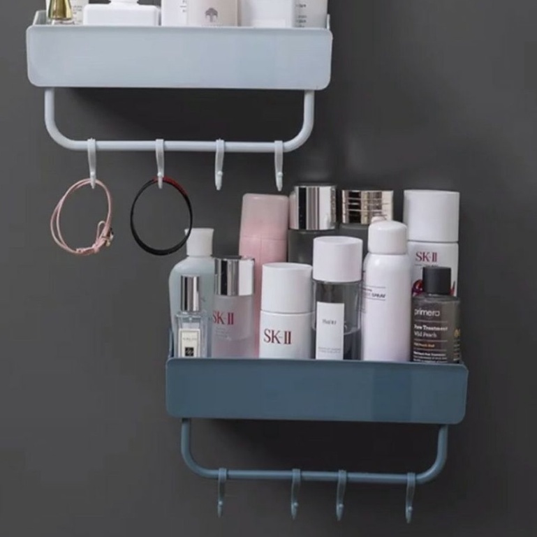 Giá đựng đồ nhà tắm cao cấp - Kệ nhà tắm nhà bếp dán tường hút chân không bằng nhựa có móc treo 4 râu móc 1 móc phơi dài