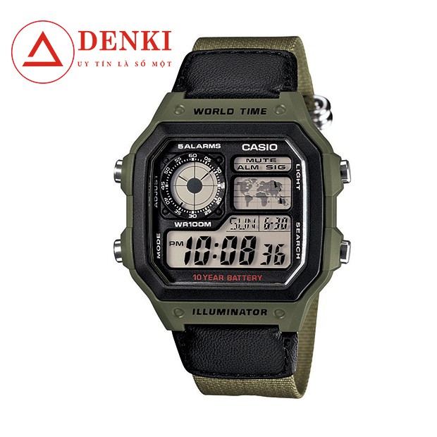 Đồng hồ nam CASIO AE-1200WHB-3BVDF Chính hãng Dây vải dù - Màu xanh quân đội - PIN 10 năm