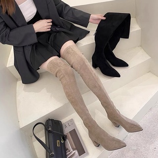 [Có Sẵn] Bốt đùi nữ da lộn lót lông mũi nhọn gót vuông cao 7cm có khoá kéo chống tụt