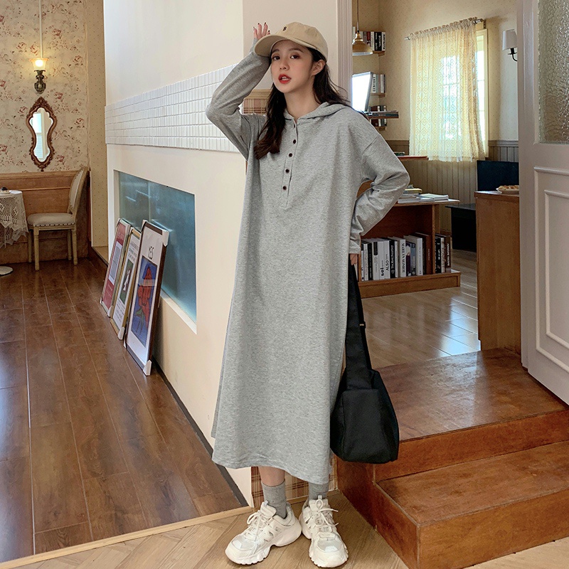 SUXI Đầm hoodie dài tay phong cách vintage Hàn Quốc cho nữ
