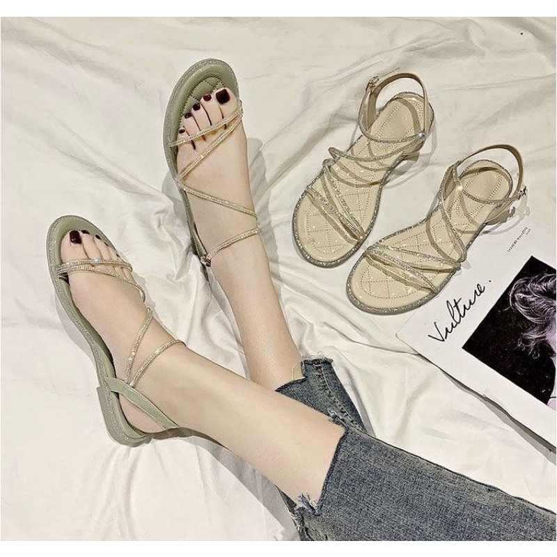 Dép sandal dây mảnh lấp lánh, đế bệt phong cách basic đơn giản thời trang dành cho nữ