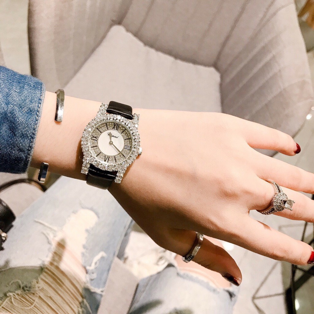 Đồng hồ nữ DIMINI dây da mềm mặt thiêt kế những viên kim cương