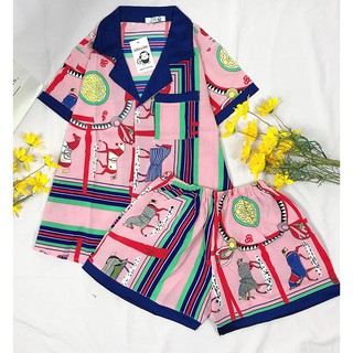 Pijama Lụa Cát Phối Quần Cộc Tay Ngắn Freesize