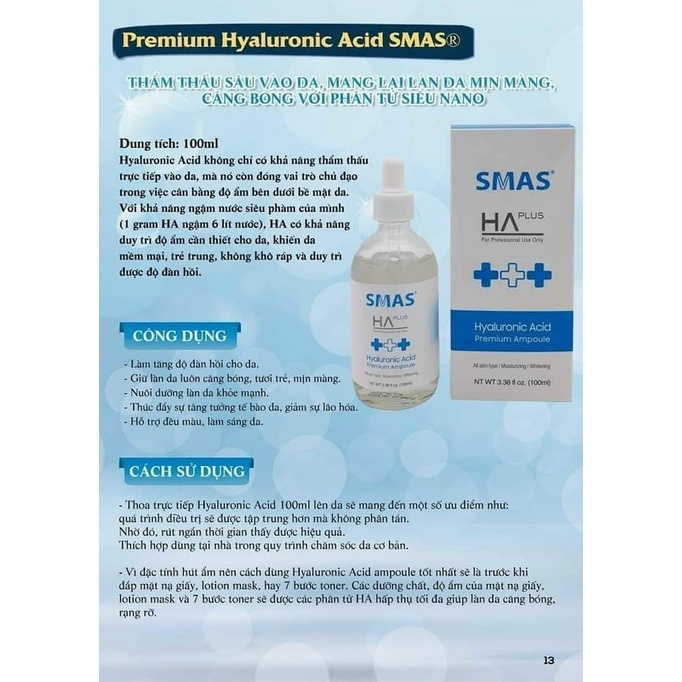 Serum SMAS HA PLUS Hyaluronic Acid 100ml giúp cấp ẩm sáng da. Serum ha plus 100dt