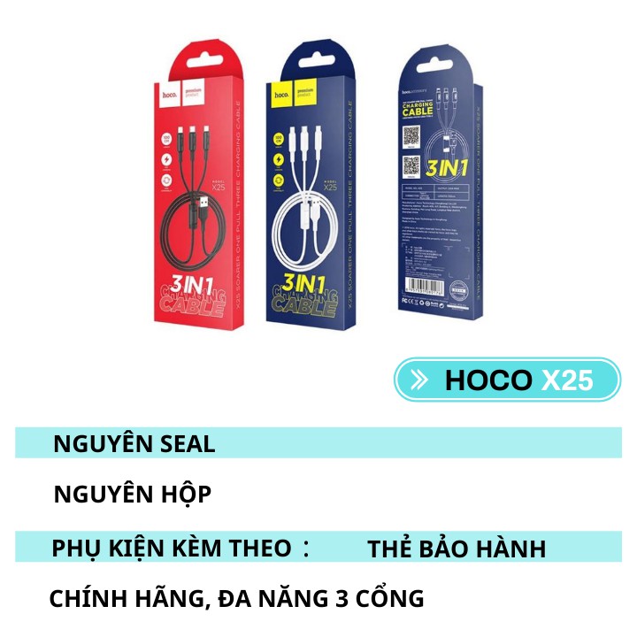 Cáp Sạc 3 Đầu [CHÍNH HÃNG]⚡️HOCO X25 ✔Đa Năng ✔Sạc Nhanh ✔Siêu Bền [BẢO HÀNH ĐỔI MỚI] - HunaStore