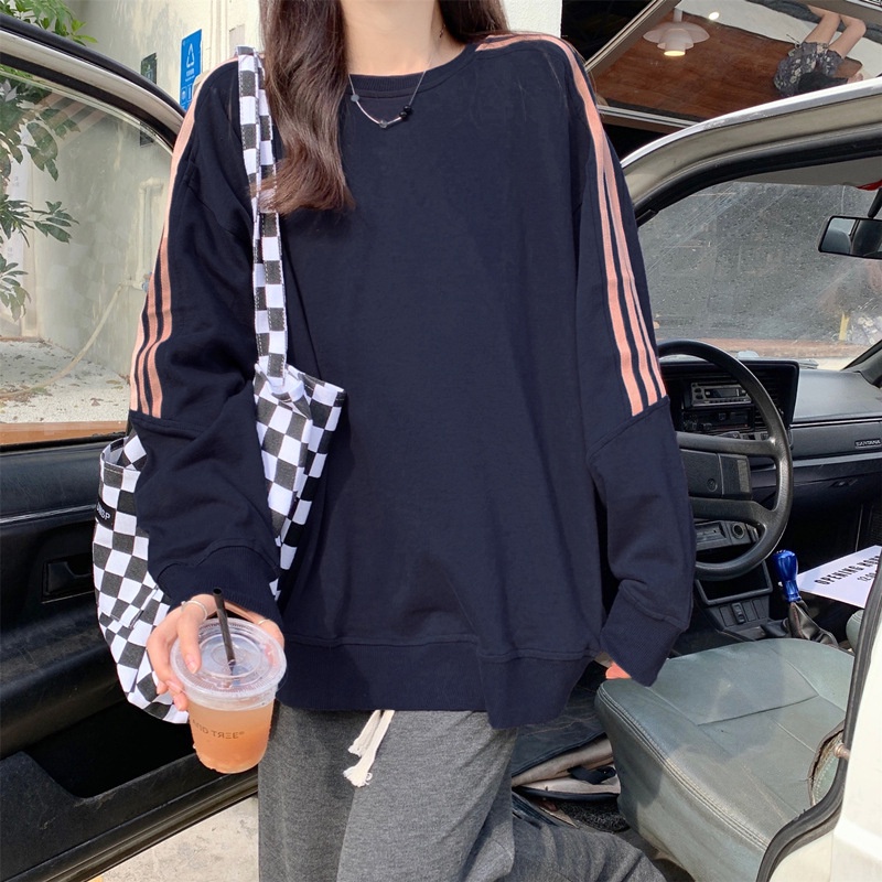 IELGY    Áo Sweater Mỏng Tay Dài Dáng Rộng Kẻ Sọc Xinh Xắn Cho Nữ