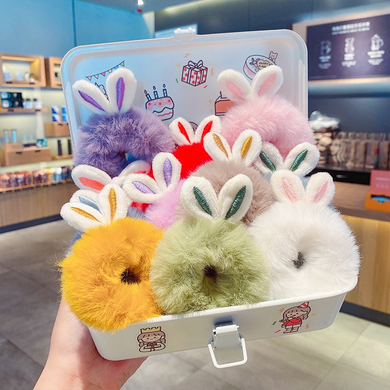 Dây buộc tóc lông xù hình tai thỏ dễ thương phong cách Hàn Quốc cho nữ