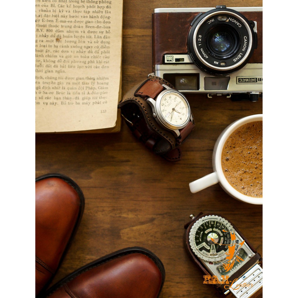 Combo dây đồng hồ da bò nâu đỏ kiểu quân đội cực đẹp RAM Leather B2 1980 - tặng khóa chốt và cây thay dây