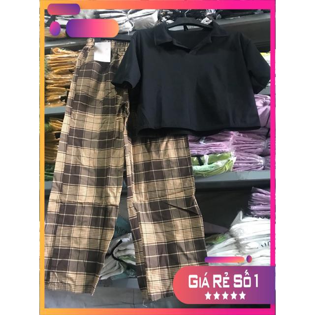 [FREESHIP]- Sét áo polo croptop +quần kẻ karo
