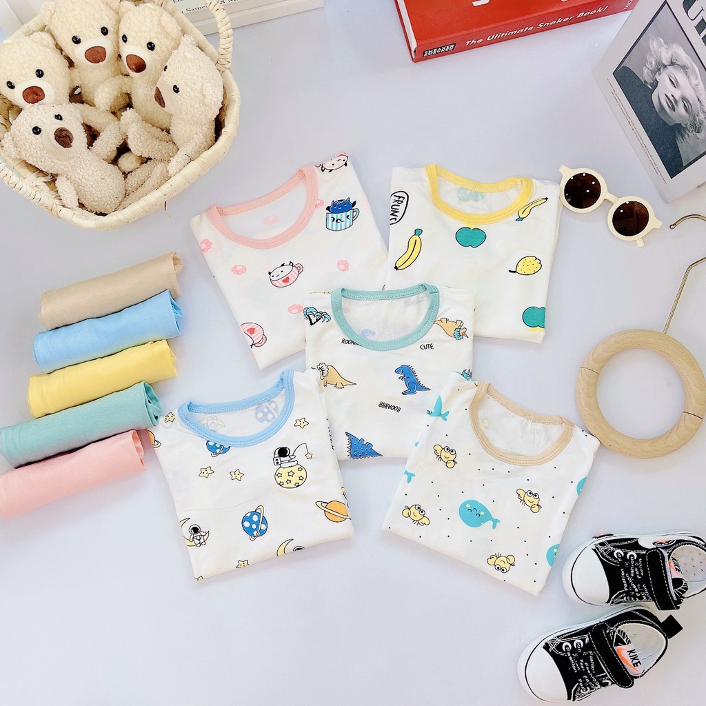 Bộ dài tay thun lạnh minky mom thu đông cho bé trai bé gái áo trắng quần mau