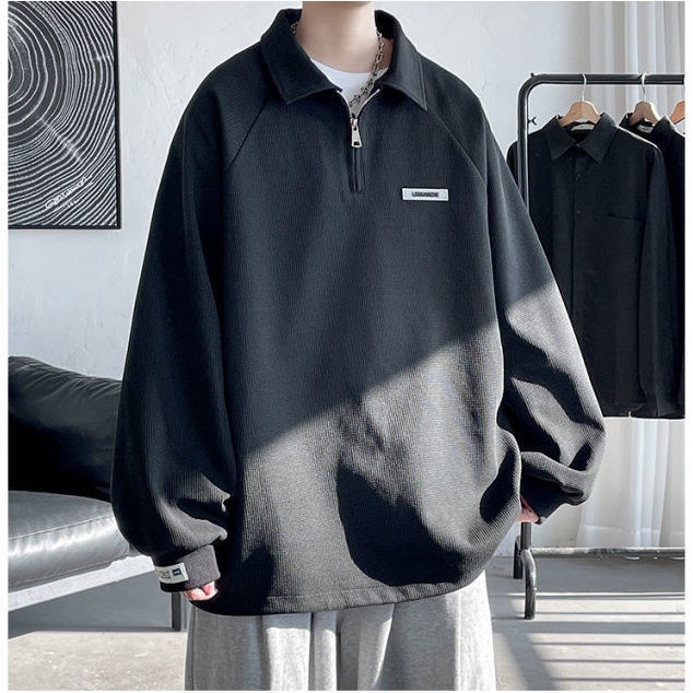 Áo Khoác Polo Cổ Bẻ Phối Khóa Kéo Màu Xanh Dương Phong Cách Retro Mỹ Cho Nam