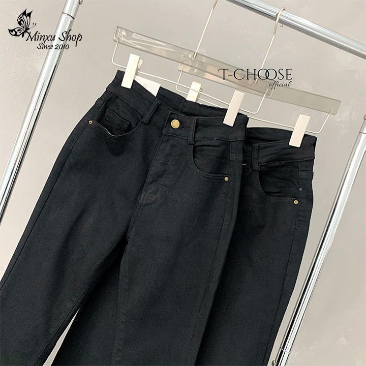 Quần Jean Ống Loe Cạp Cao Chất Vải Bò Co Giãn 4 Chiều Màu Đen Trơn Mặc Xinh Siêu Tôn Dáng Minxu Shop Q9147