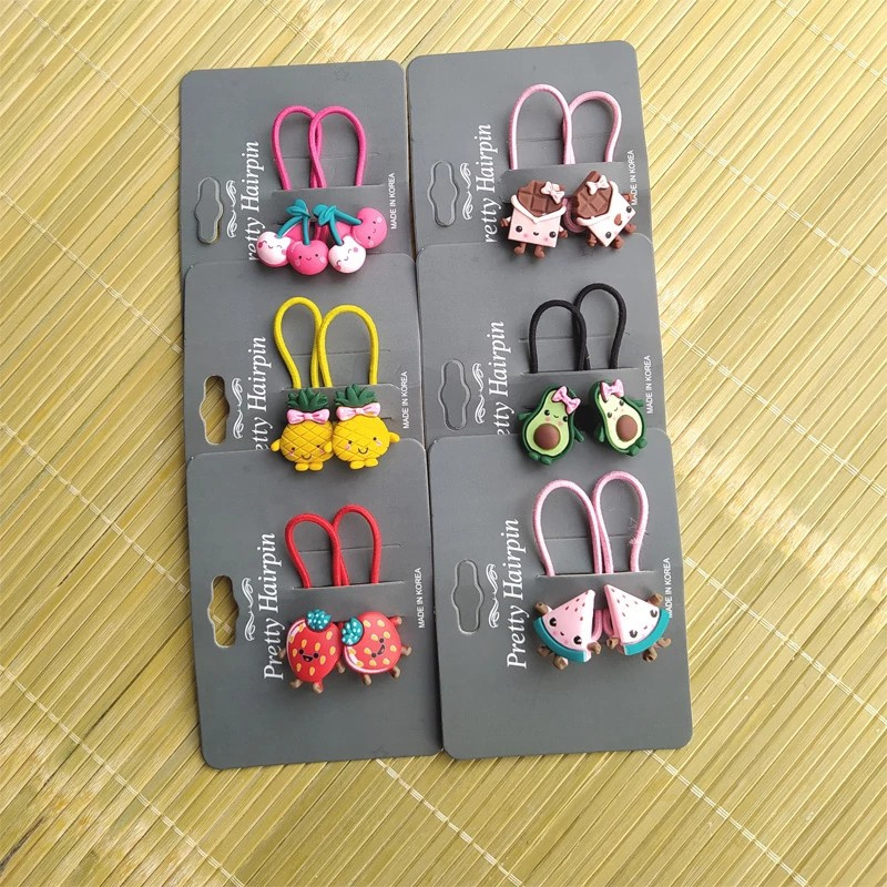 Set 2 Dây Cột Tóc Co Giãn Họa Tiết Trái Cây Hoạt Hình Cho Bé Gái