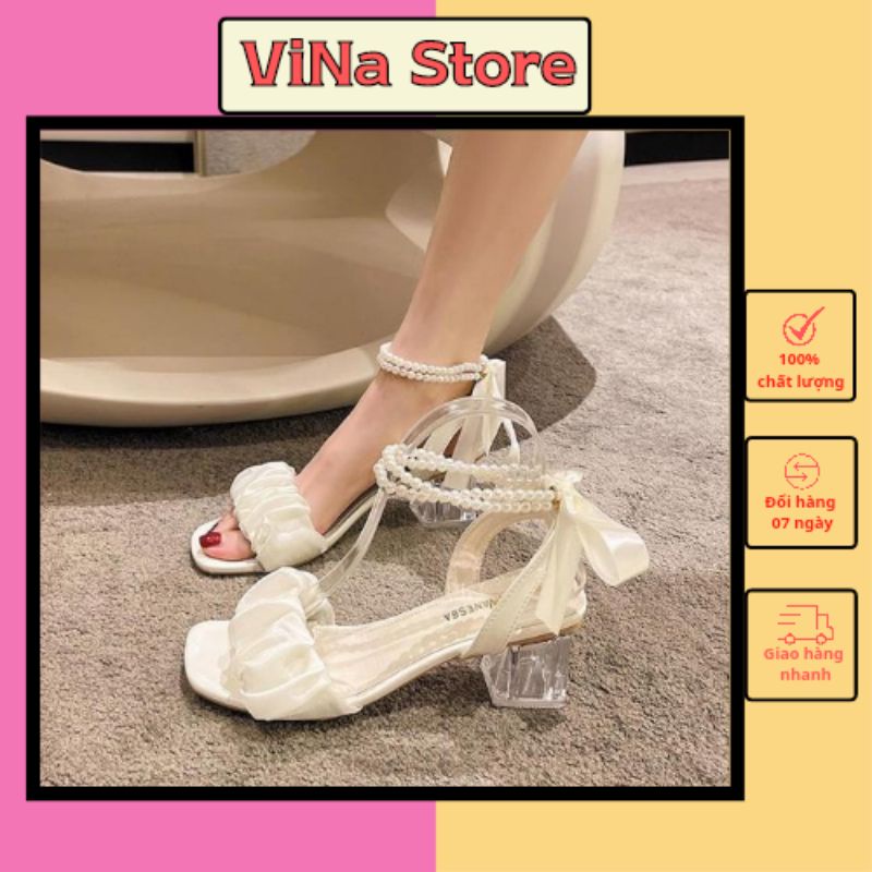 GIÀY CAO GÓT NỮ 5-7 PHÂN ĐẾ VUÔNG TRONG SUỐT QUAI NHÚN BÈO THẮT NƠ NGỌC HOT 2022- VINA STORE - mã S18