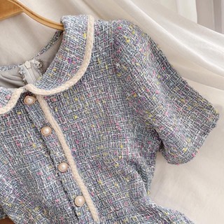 ẢNH THẬT - ĐẦM DẠ TWEED XANH CỔ SEN