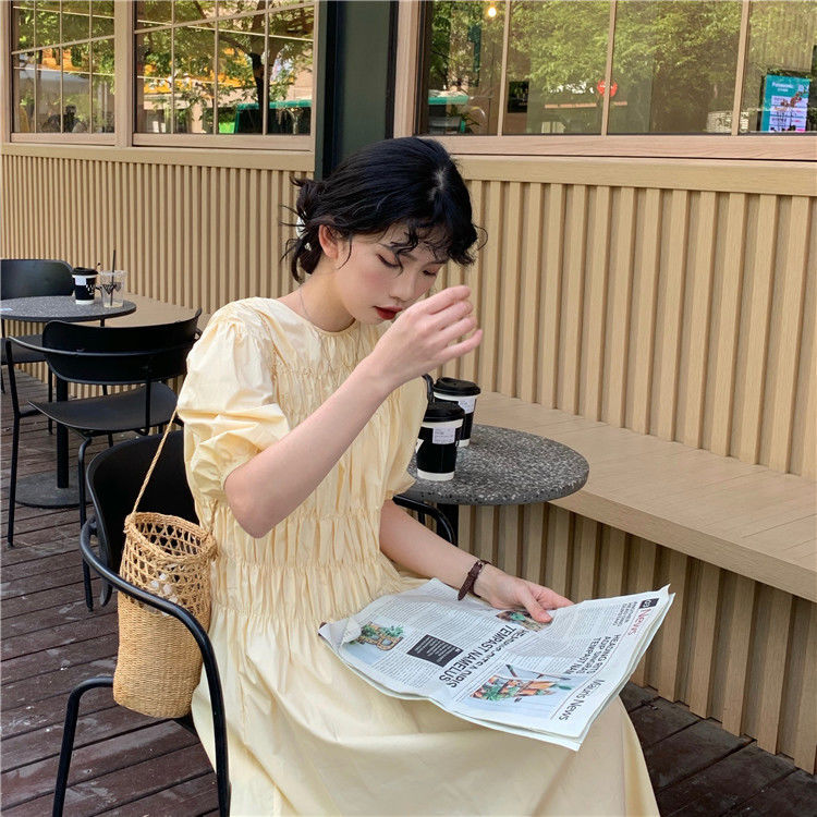 Đầm tay ngắn cổ tròn dáng ôm màu sắc đơn giản trẻ trung phong cách nhật bản