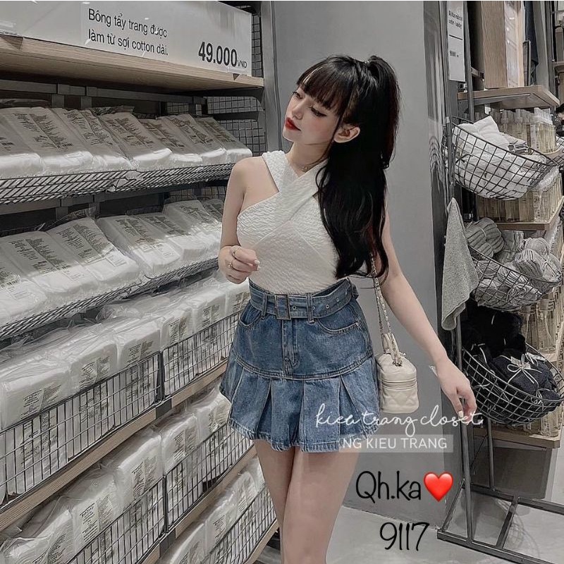 Chân váy bò xếp ly đai hàng QCL1