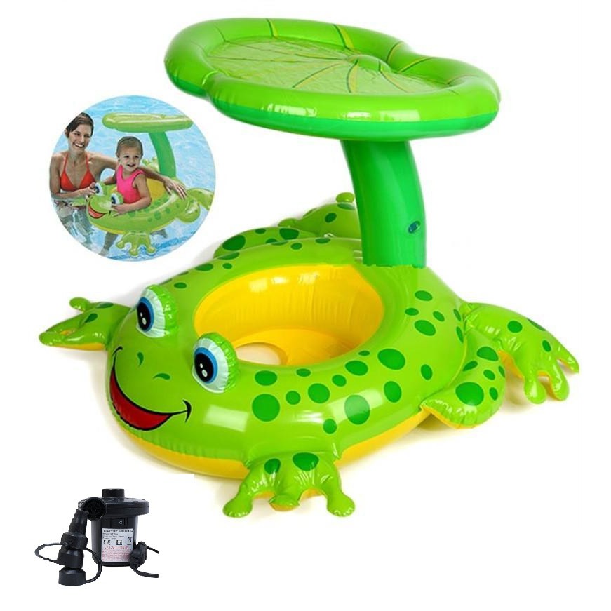 Combo phao bơi xỏ chân mái che kèm bơm điện