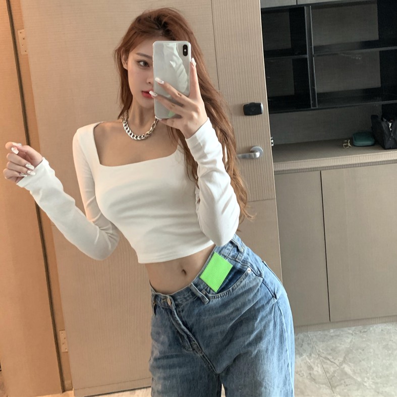 Áo Croptop Dài Tay Cổ Vuông Màu Trơn Dễ Phối Đồ Cho Nữ | BigBuy360 - bigbuy360.vn