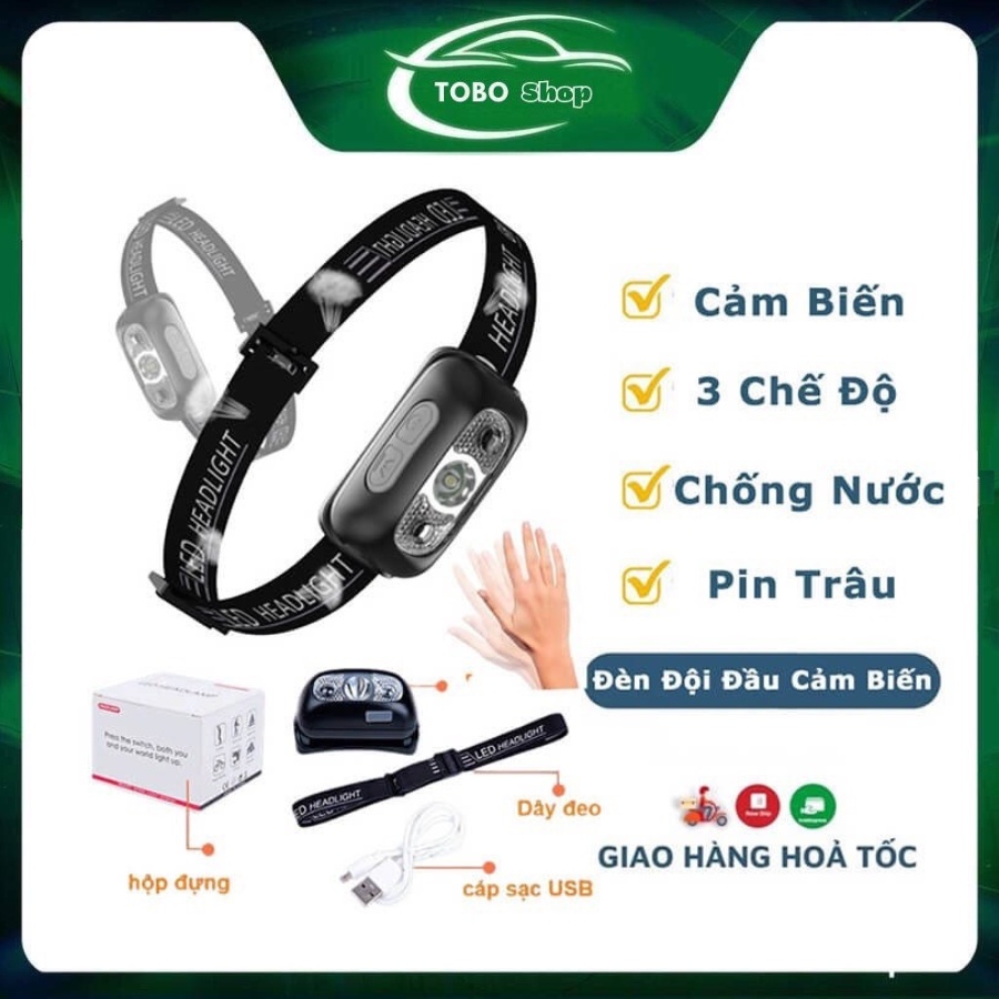 Đèn LED đội đầu ⚡️𝐅𝐑𝐄𝐄 𝐒𝐇𝐈𝐏⚡️ Chạy Bộ, Leo Núi ban đêm Cảm Ứng thông minh, sạc USB - BH 12 tháng !