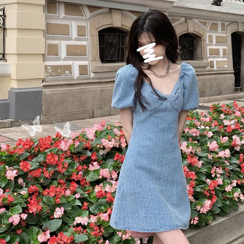 Đầm denim tay phồng cổ chữ v thời trang xinh xắn cho nữ