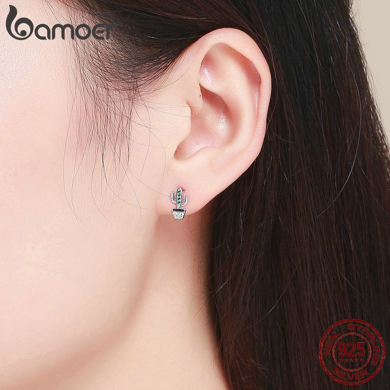 Bông tai Bamoer bạc 925 hình cây xương rồng đính đá kiểu dáng thời trang cho nữ